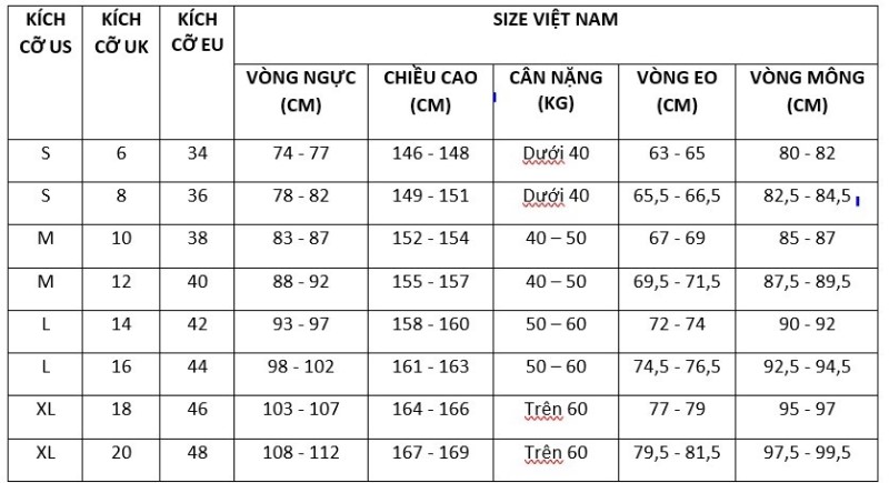 Size quần áo nữ